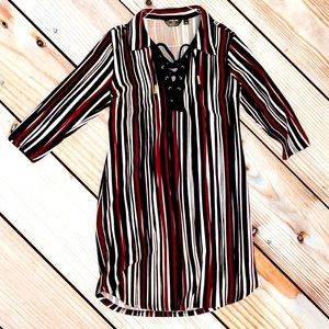 Brick Red, Black and White Striped Shirt Dress w/ lace up V-Neck